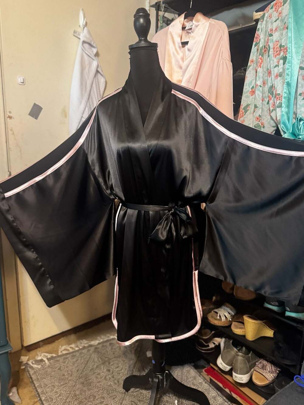 Victoria's Secret satin black pink stripe kimono robe size S dark feminine